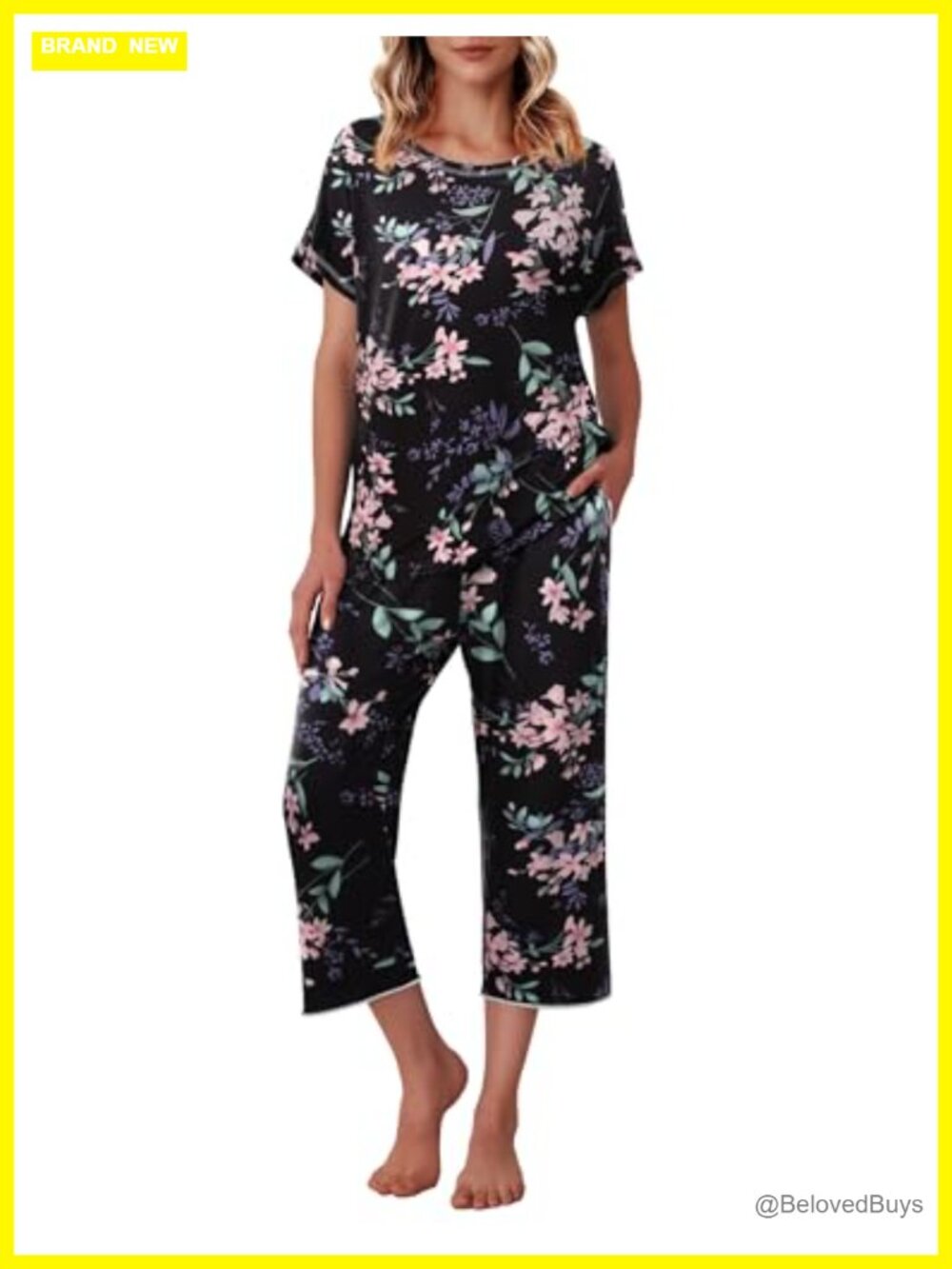 Ekouaer Women's Capri Pajama Set Floral Print Short Sleeve Sleepwear Top & Pants